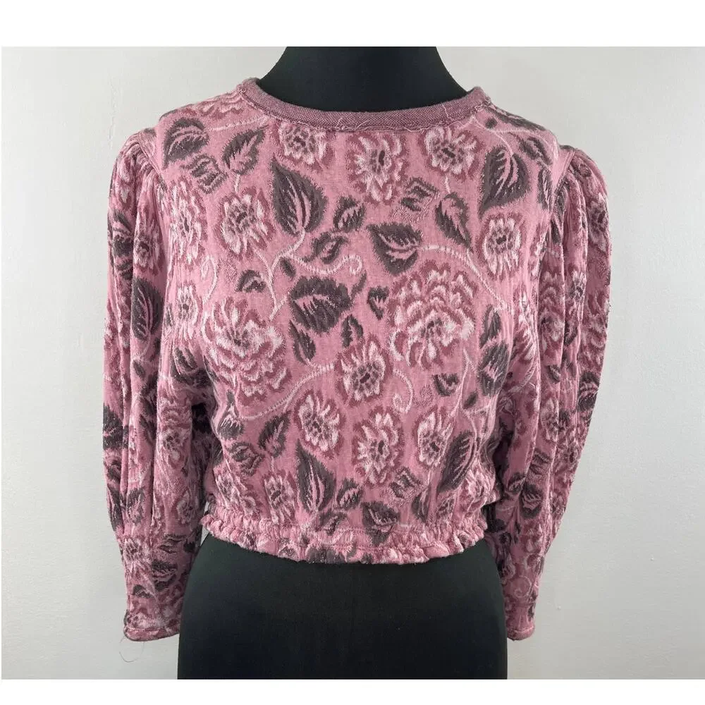 FREE PEOPLE Pink Floral No Ordinary Top Half Puff Sleeves Tie Cut Out Back XS